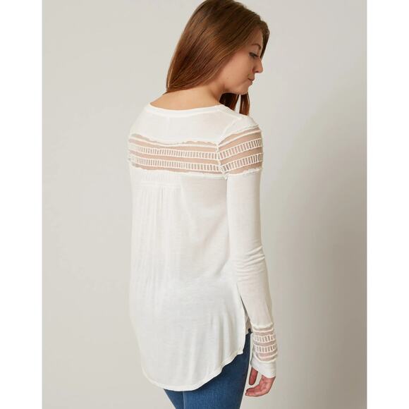 Free People Women's Black Mesh Insert Roxie Long Sleeve Hi-Low Top, Size M, GUC - Picture 4 of 10